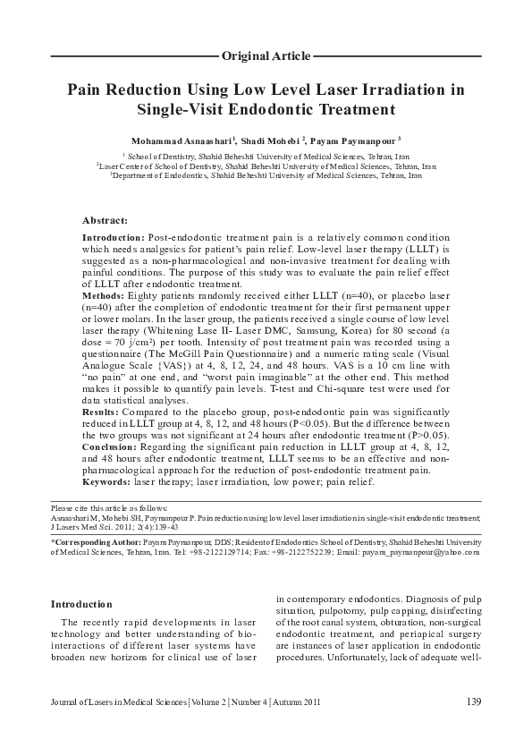 (PDF) Pain Reduction Using Low Level Laser Irradiation in SingleVisit