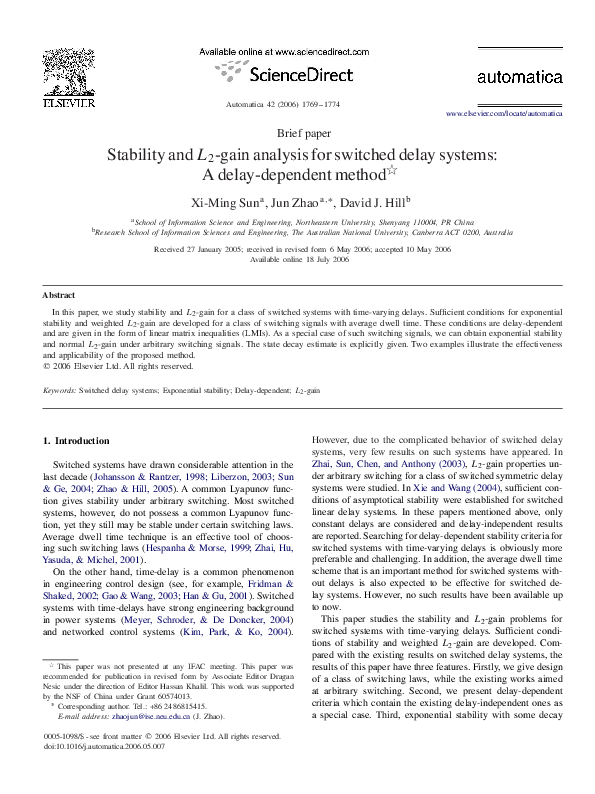 (PDF) Stability and L2-gain analysis for switched delay systems: A ...