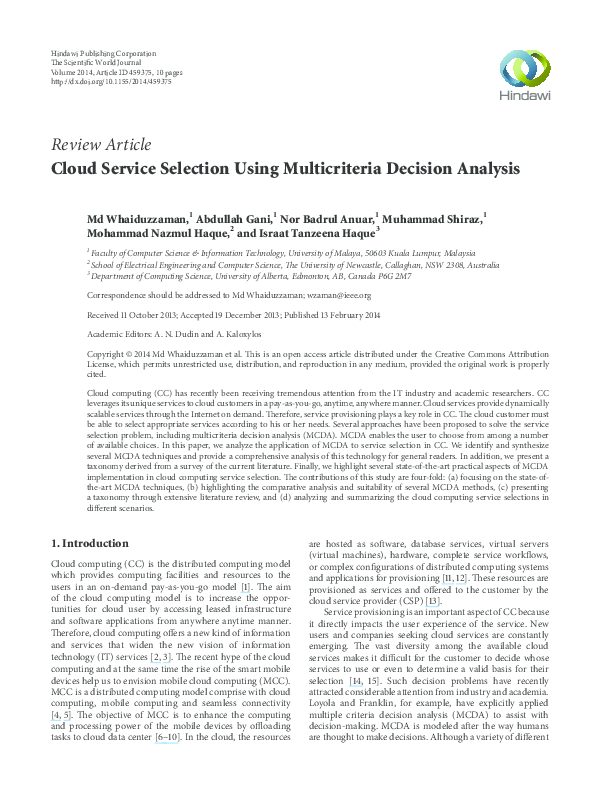 (PDF) Cloud Service Selection Using Multicriteria Decision Analysis