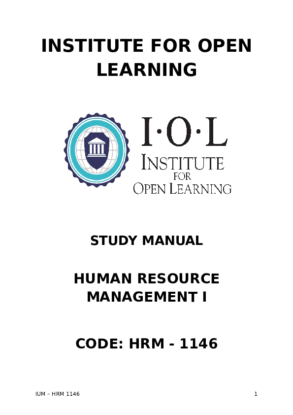 (DOC) INSTITUTE FOR OPEN LEARNING STUDY MANUAL HUMAN RESOURCE ...