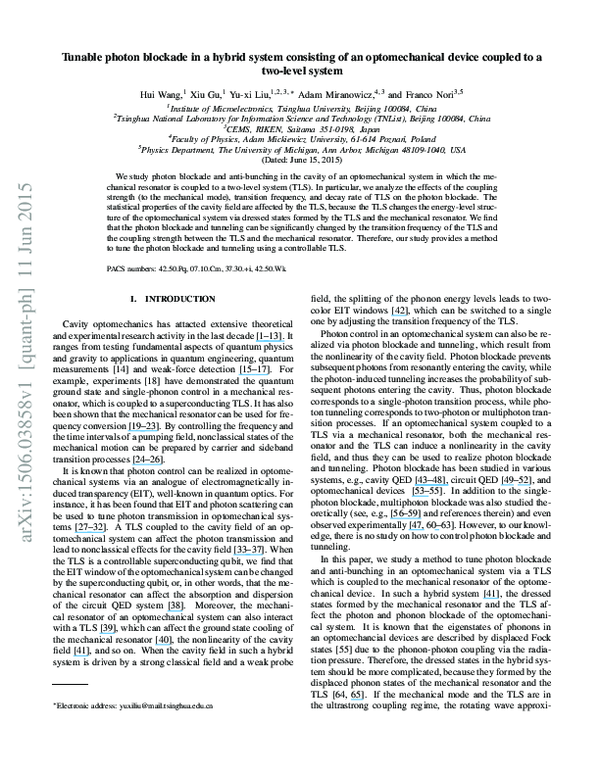 (PDF) Tunable photon blockade in a hybrid system consisting of an ...