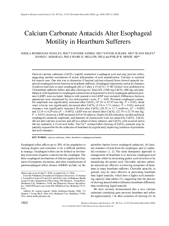 (PDF) Calcium Carbonate Antacids Alter Esophageal Motility in Heartburn