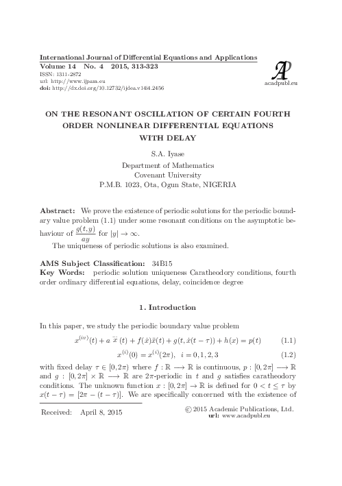 (PDF) P A ON THE RESONANT OSCILLATION OF CERTAIN FOURTH ORDER NONLINEAR ...