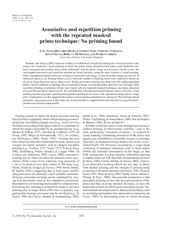 (PDF) Associative and repetition priming with the repeated masked prime ...