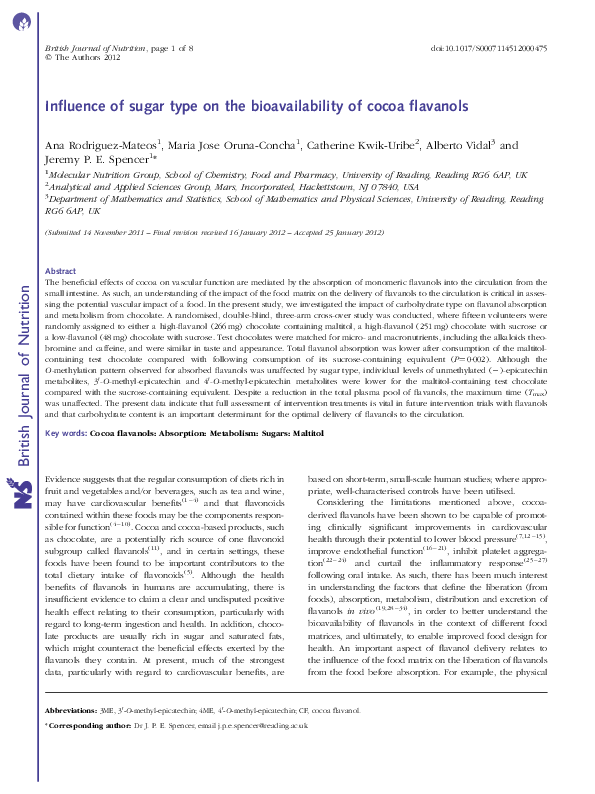 (PDF) Influence of sugar type on the bioavailability of cocoa flavanols
