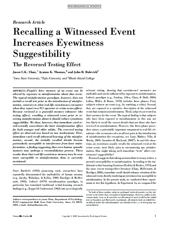 (PDF) Recalling a Witnessed Event Increases Eyewitness Suggestibility ...