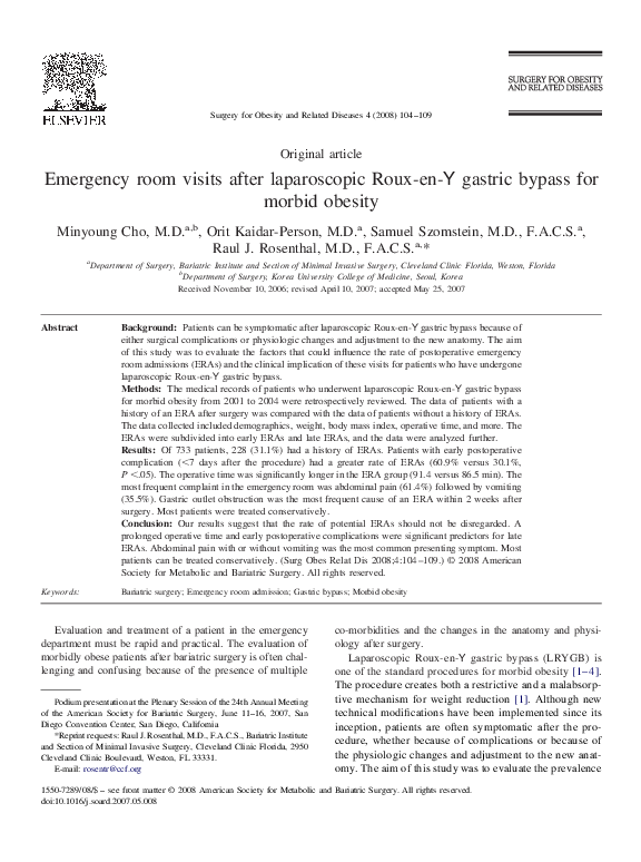 (PDF) Emergency room visits after laparoscopic Roux-en- Y gastric ...