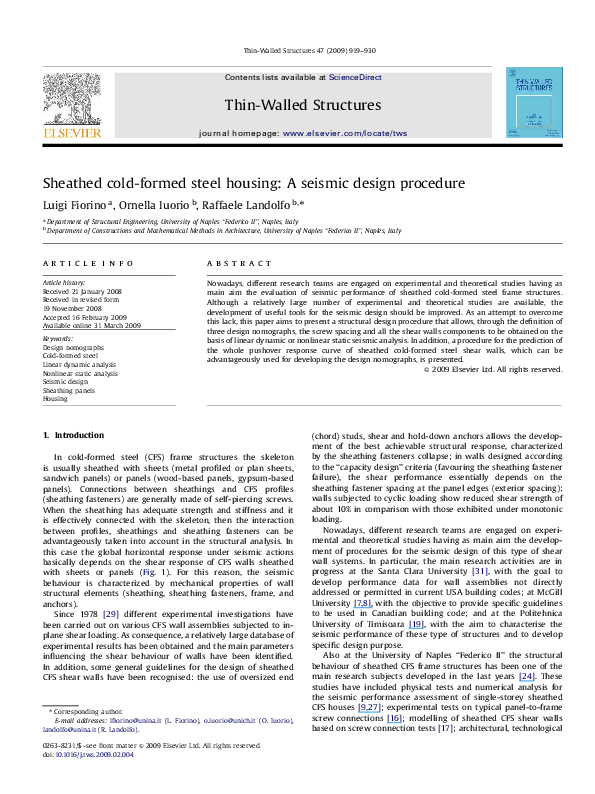 (PDF) Sheathed cold-formed steel housing: A seismic design procedure
