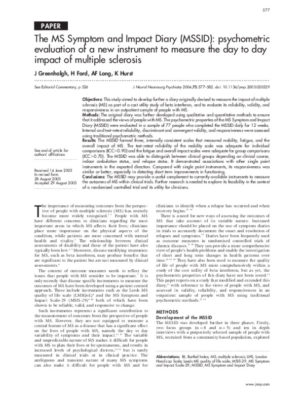 (PDF) The MS Symptom and Impact Diary (MSSID): psychometric evaluation ...