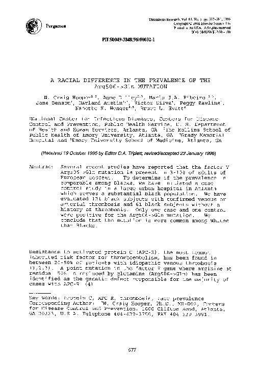 (PDF) A racial difference in the prevalence of the Arg506>Gln mutation