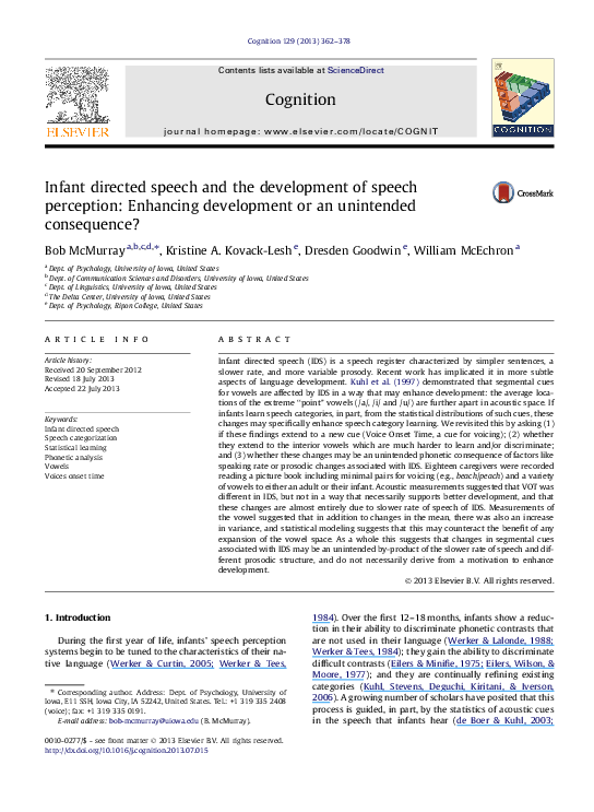 (PDF) Infant directed speech and the development of speech perception ...