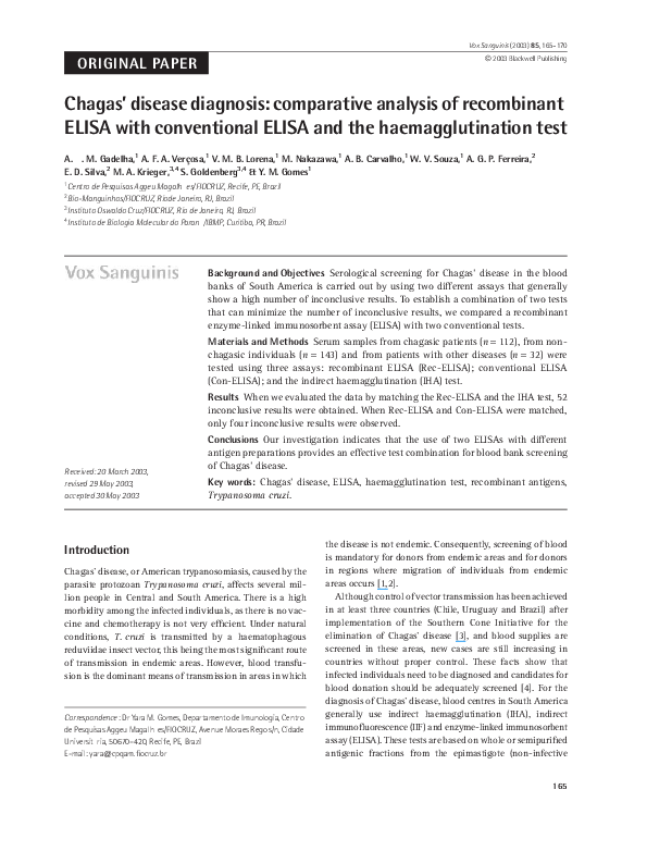 (PDF) Chagas' disease diagnosis: comparative analysis of recombinant ...