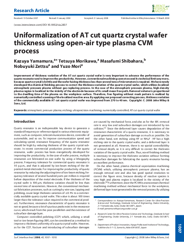 (PDF) Uniformalization of AT cut quartz crystal wafer thickness using openair type plasma CVM