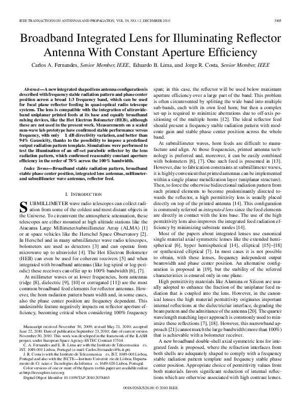 (PDF) Broadband Integrated Lens for Illuminating Reflector Antenna with