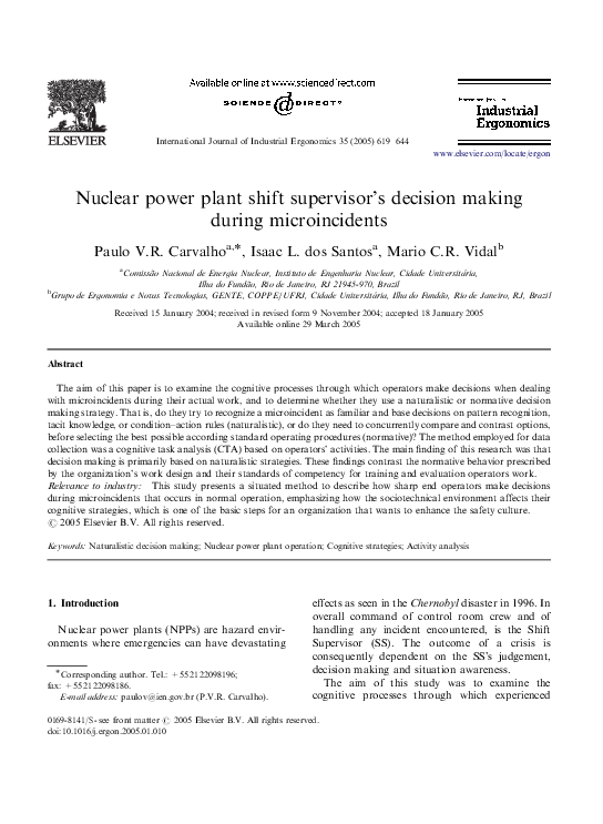 (PDF) Nuclear power plant shift supervisor's decision making during microincidents Victor