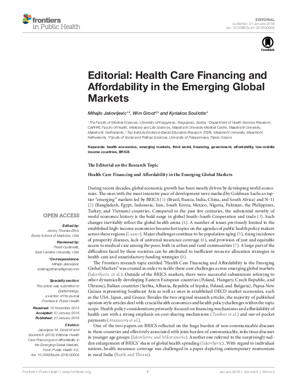 (PDF) Editorial: Health Care Financing and affordability in the ...