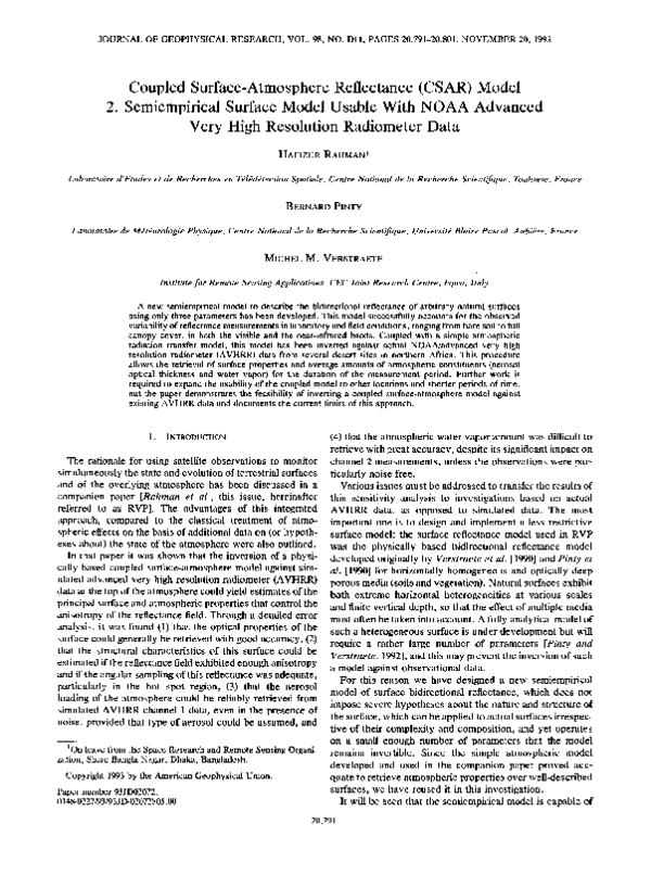 (PDF) Coupled surface-atmosphere reflectance (CSAR) model. 1: Model ...
