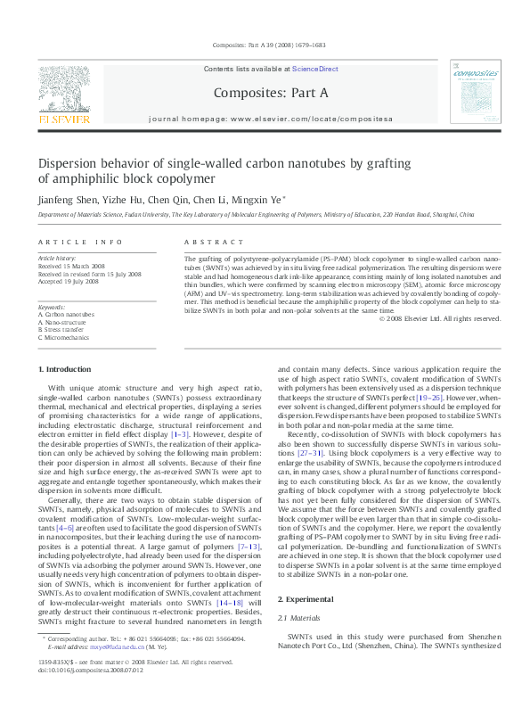 (PDF) Dispersion behavior of single-walled carbon nanotubes by grafting ...