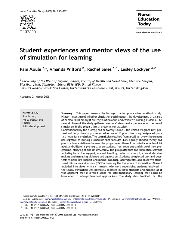 (PDF) Student experiences and mentor views of the use of simulation for ...