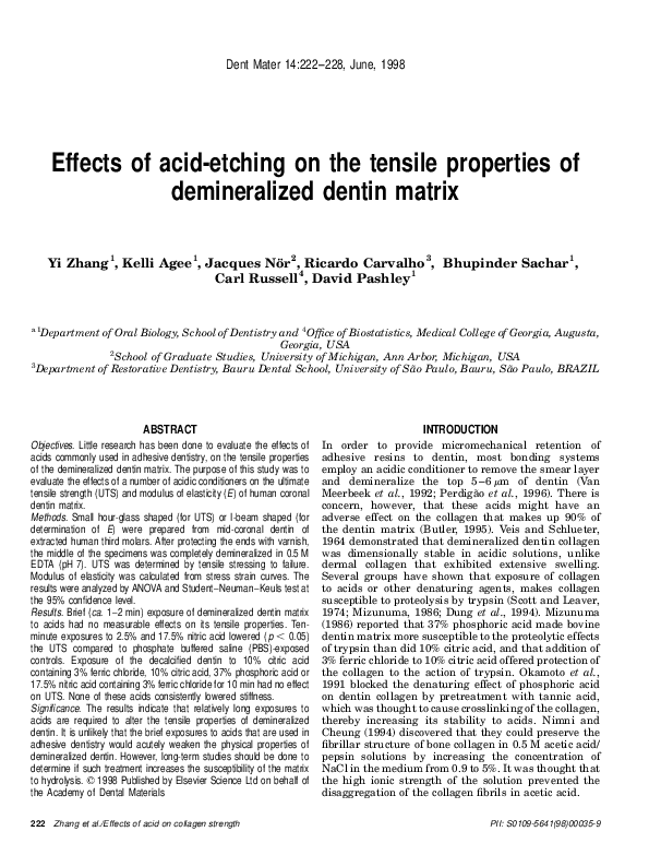 (PDF) Effects of acidetching on the tensile properties of demineralized dentin matrix Ricardo