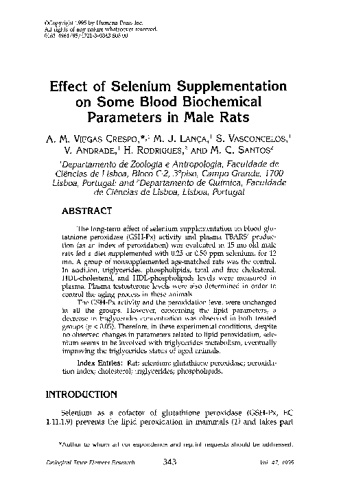 PDF) Effect of selenium supplementation on some blood biochemical  parameters in male rats