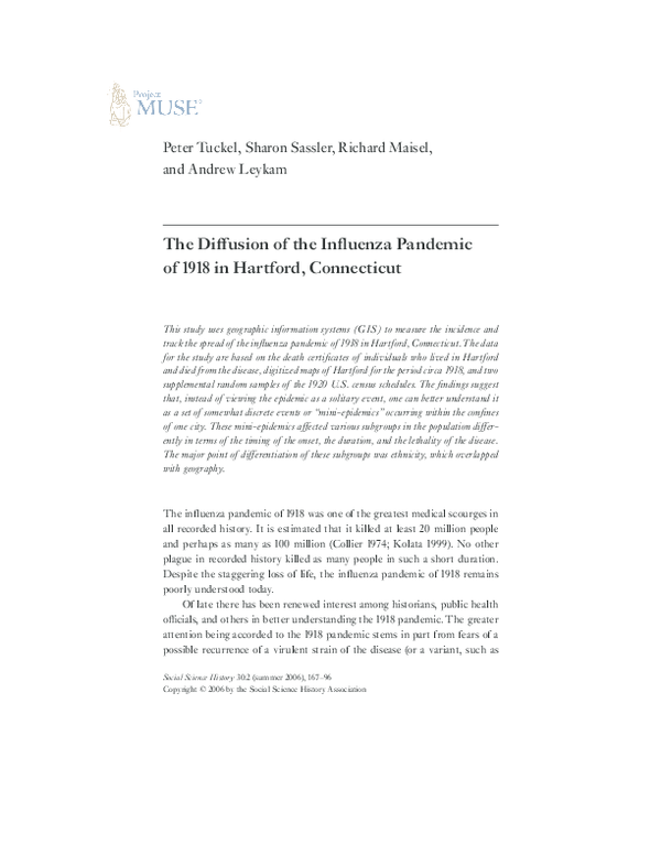 (PDF) The Diffusion of the Influenza Pandemic of 1918 in Hartford ...