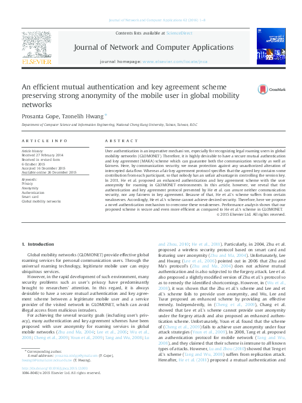 (PDF) An efficient mutual authentication and key agreement scheme ...