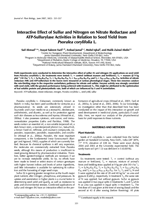 (PDF) Interactive effect of sulfur and nitrogen on nitrate reductase ...
