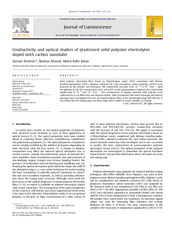 (PDF) Conductivity and optical studies of plasticized solid polymer ...