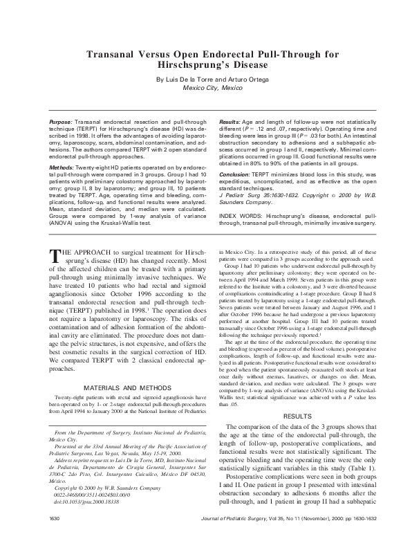 (PDF) Transanal versus open endorectal pull-through for Hirschsprung's ...