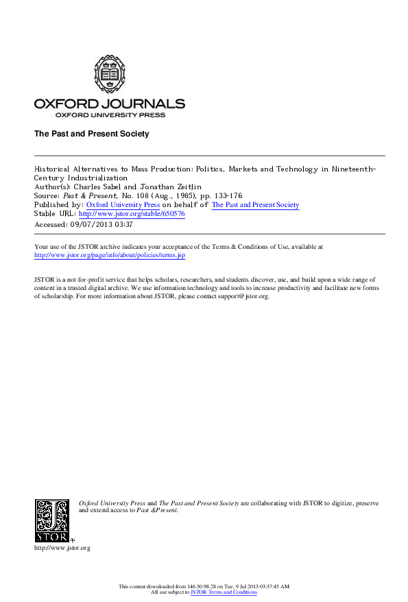 First page of “Historical Alternatives to Mass Production: Politics, Markets and Technology in Nineteenth- Century Industrialization”