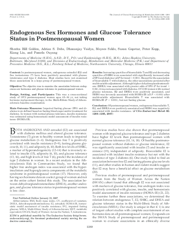 (PDF) Endogenous Sex Hormones and Glucose Tolerance Status in ...