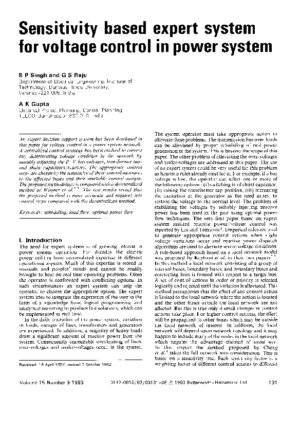 (PDF) Sensitivity based expert system for voltage control in power system