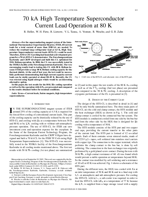 (PDF) 70 kA High Temperature Superconductor Current Lead Operation at 80 K