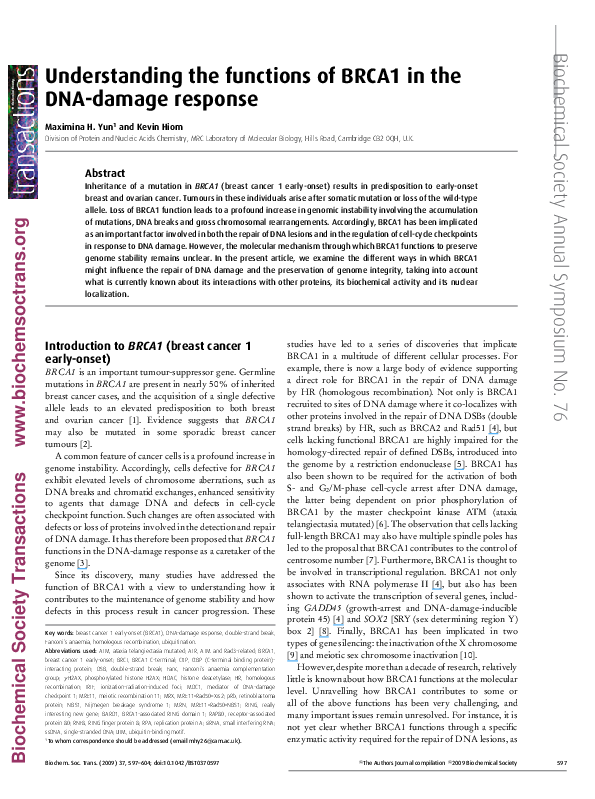 (PDF) Understanding the functions of BRCA1 in the DNA-damage response