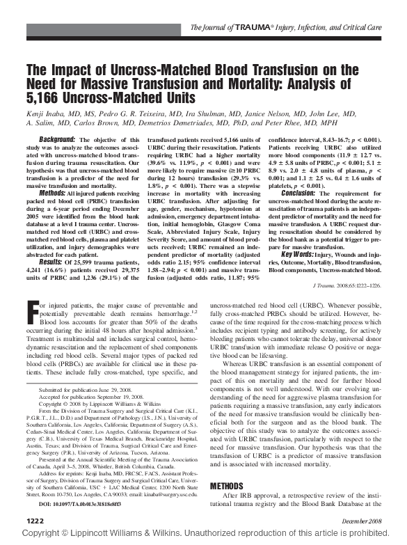 (PDF) The Impact of Uncross-Matched Blood Transfusion on the Need for ...