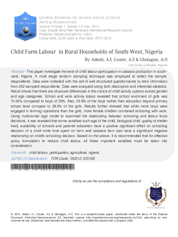 (PDF) Child Farm Labour in Rural Households of South-West, Nigeria