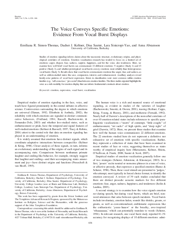 (PDF) The Voice Conveys Specific Emotions: Evidence From Vocal Burst ...