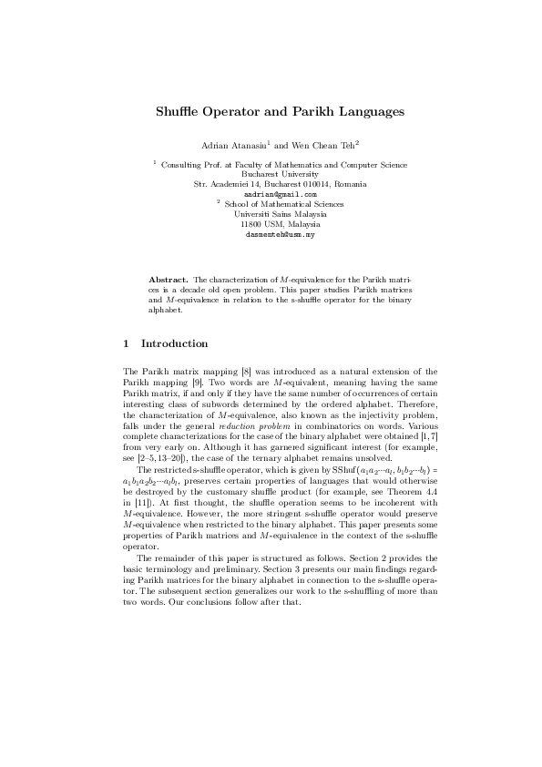 (PDF) Shuffle Operator and Parikh Languages