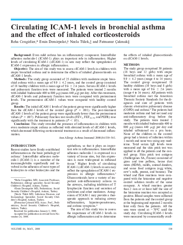 (PDF) Circulating ICAM-1 levels in bronchial asthma and the effect of ...