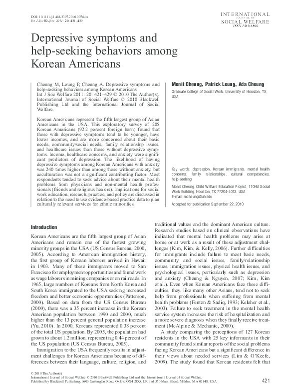 (PDF) Depressive symptoms and help-seeking behaviors among Korean Americans
