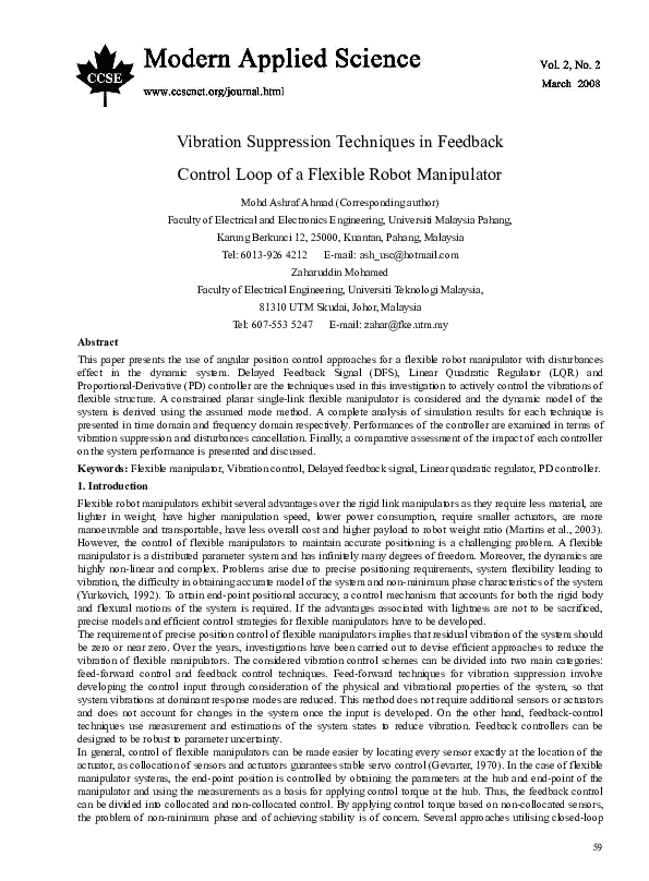 (PDF) Vibration Suppression Techniques in Feedback Control of a Very