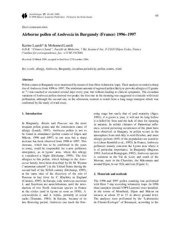 (PDF) Airborne pollen of Ambrosia in Burgundy (France) 1996–1997