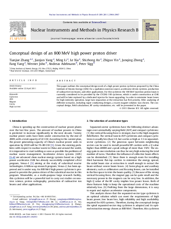 (PDF) Conceptual design of an 800 MeV high power proton driver