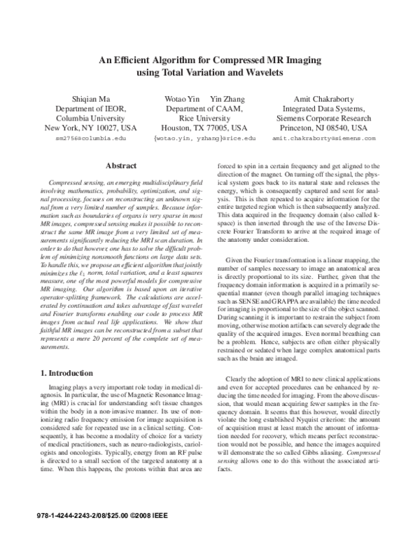 (PDF) An efficient algorithm for compressed MR imaging using total ...