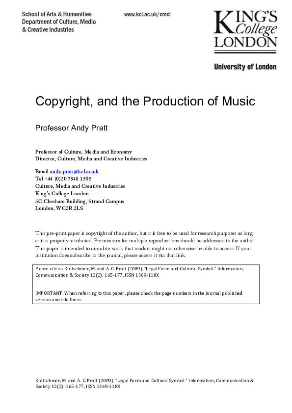 (PDF) Copyright, and the Production of Music