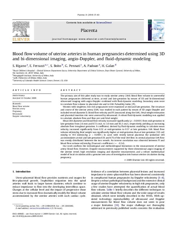 (PDF) Blood flow volume of uterine arteries in human pregnancies ...