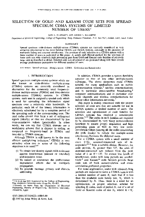(PDF) Selection of Gold and Kasami code sets for spread spectrum CDMA ...