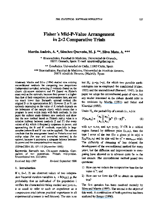 (PDF) Fisher's Mid-P-value arrangement in 2×2 Comparative trials