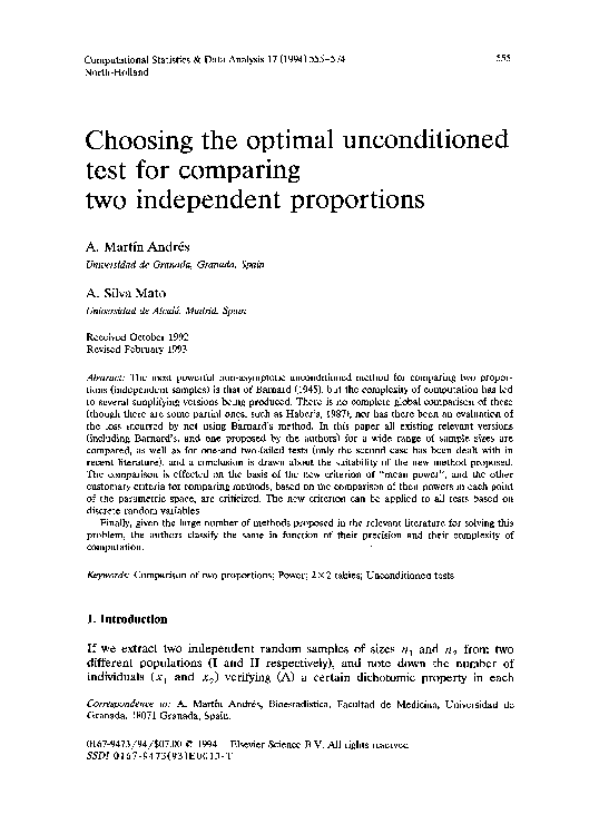 (PDF) Choosing the optimal unconditioned test for comparing two ...